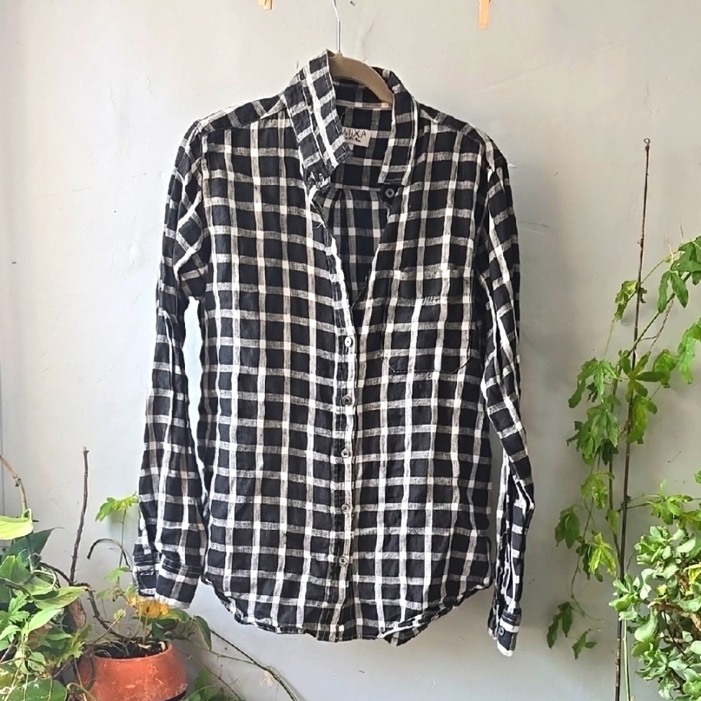 LINEN Camixa by Celixa Di Pisa Checked Plaid Button Down Blouse Pocket sz L